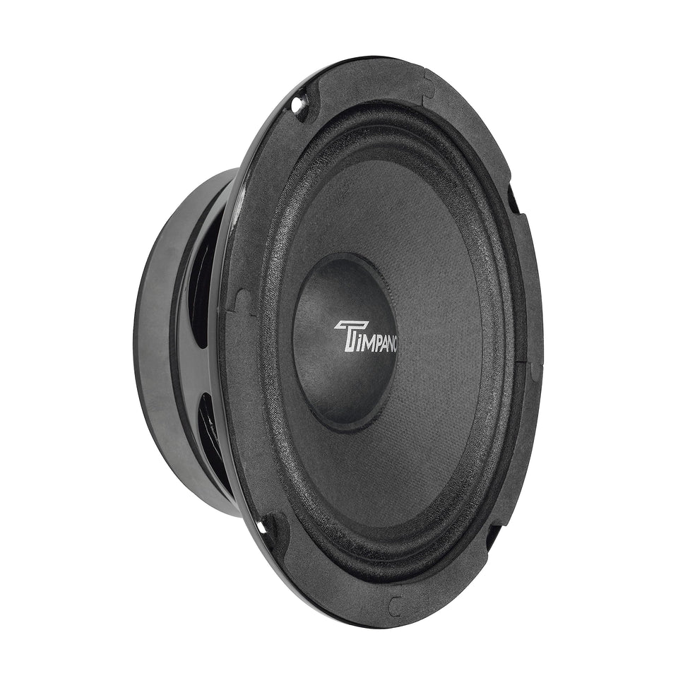 Timpano 6.5-inch midrange speaker in car door delivering clear, balanced midrange for the cabin.