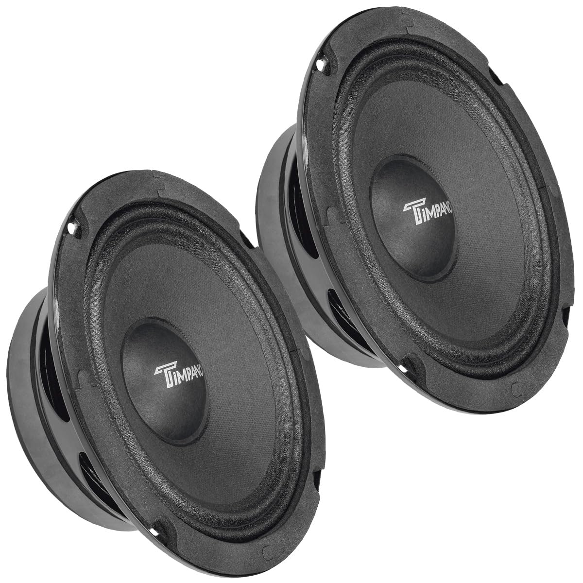 Timpano front view of speaker pair showing grille and fit, highlighting easy install benefit