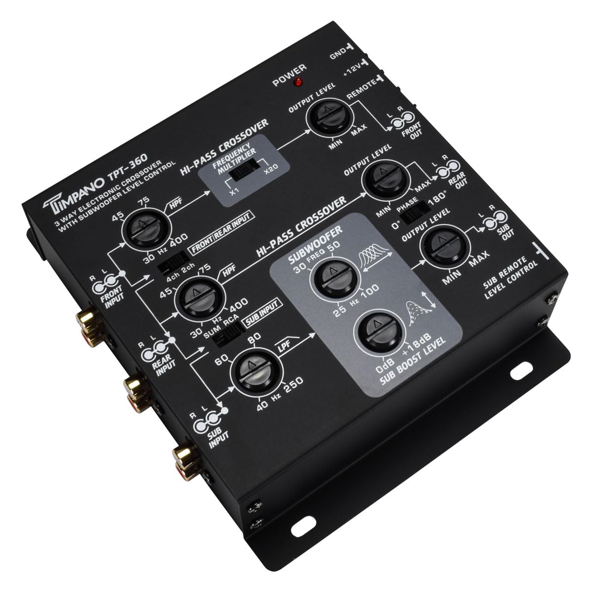 Timpano TPT-360 front rear subwoofer level controls for balanced sound