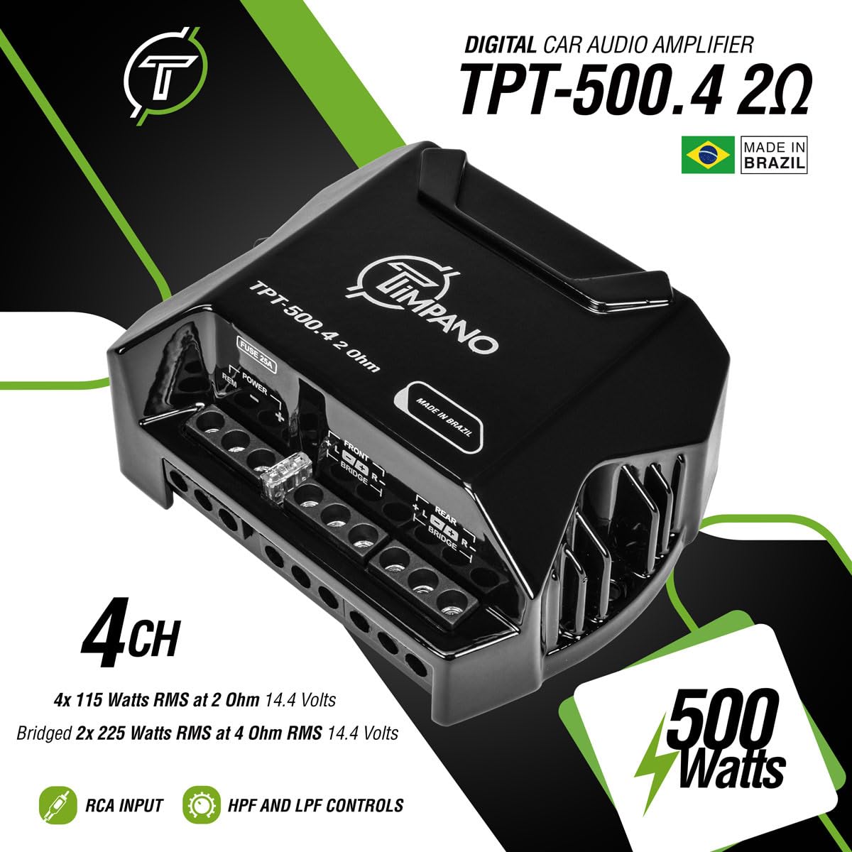 Timpano TPT-500.4 rear panel with 12V input and speaker wiring