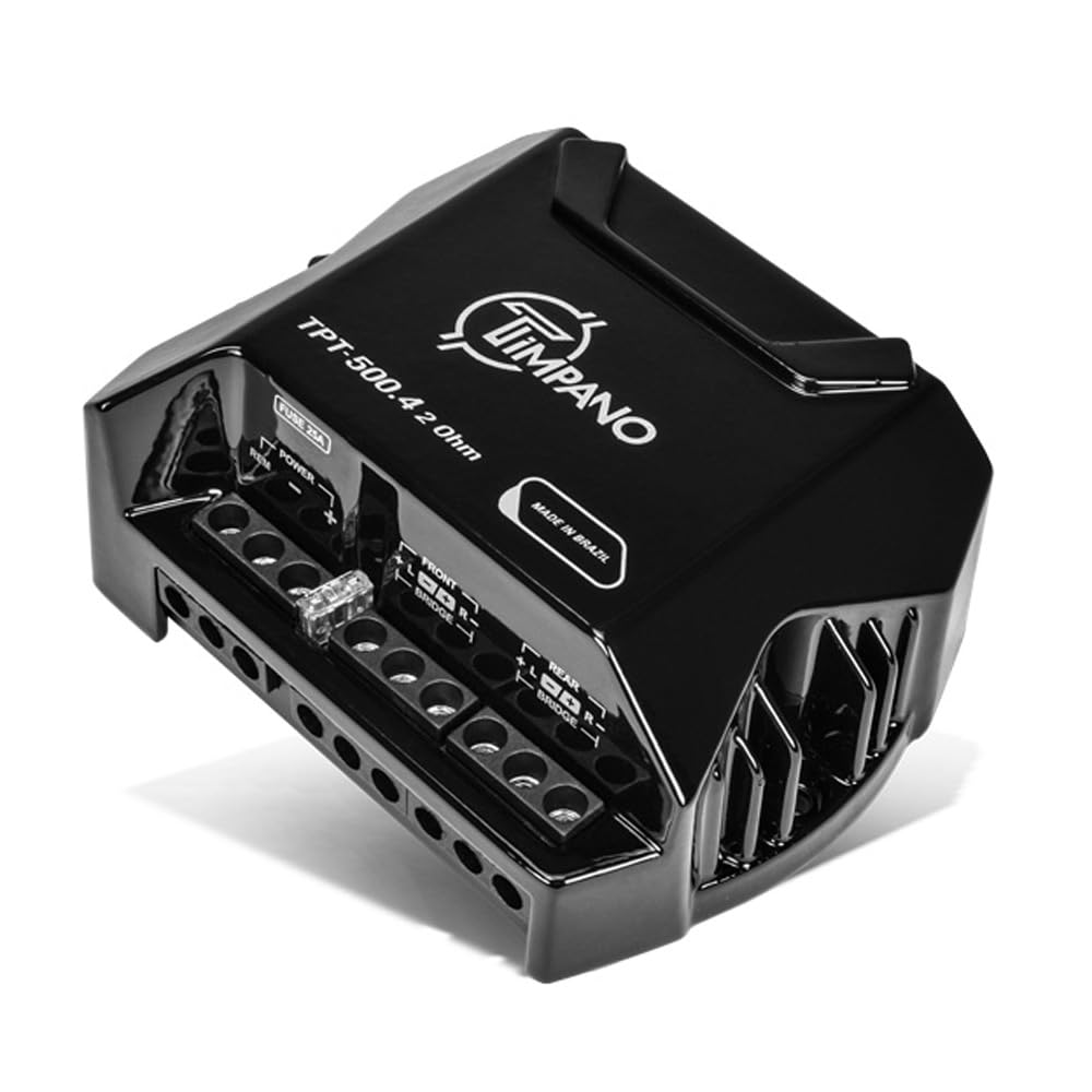 Timpano TPT-500.4 amplifier front view highlighting compact 4-channel car audio design