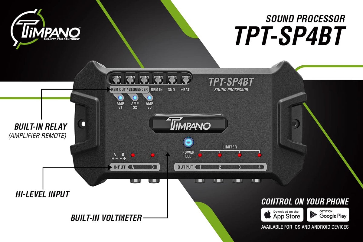 Timpano TPT-SP4BT built‑in voltmeter display monitors battery health while driving.