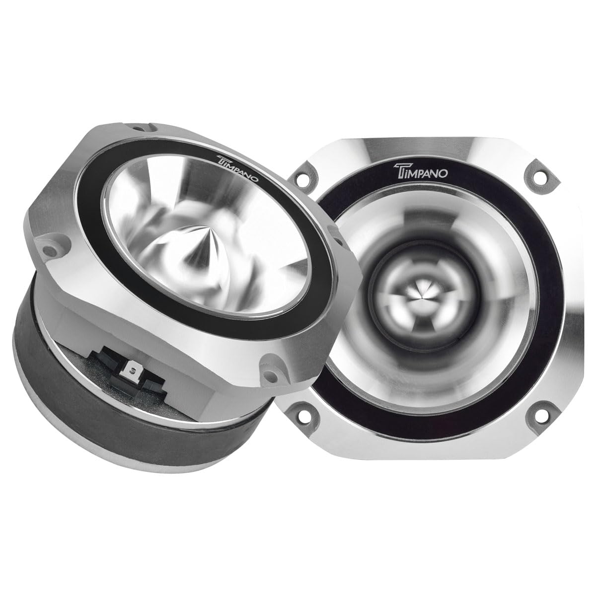 Timpano TPT-ST25 chrome 4-inch front view highlights high-sensitivity audio performance.