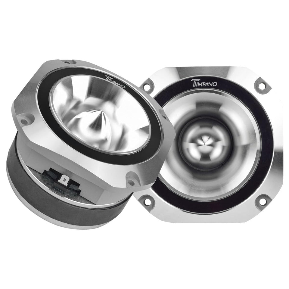 Timpano TPT-ST25 chrome 4-inch front view highlights high-sensitivity audio performance.