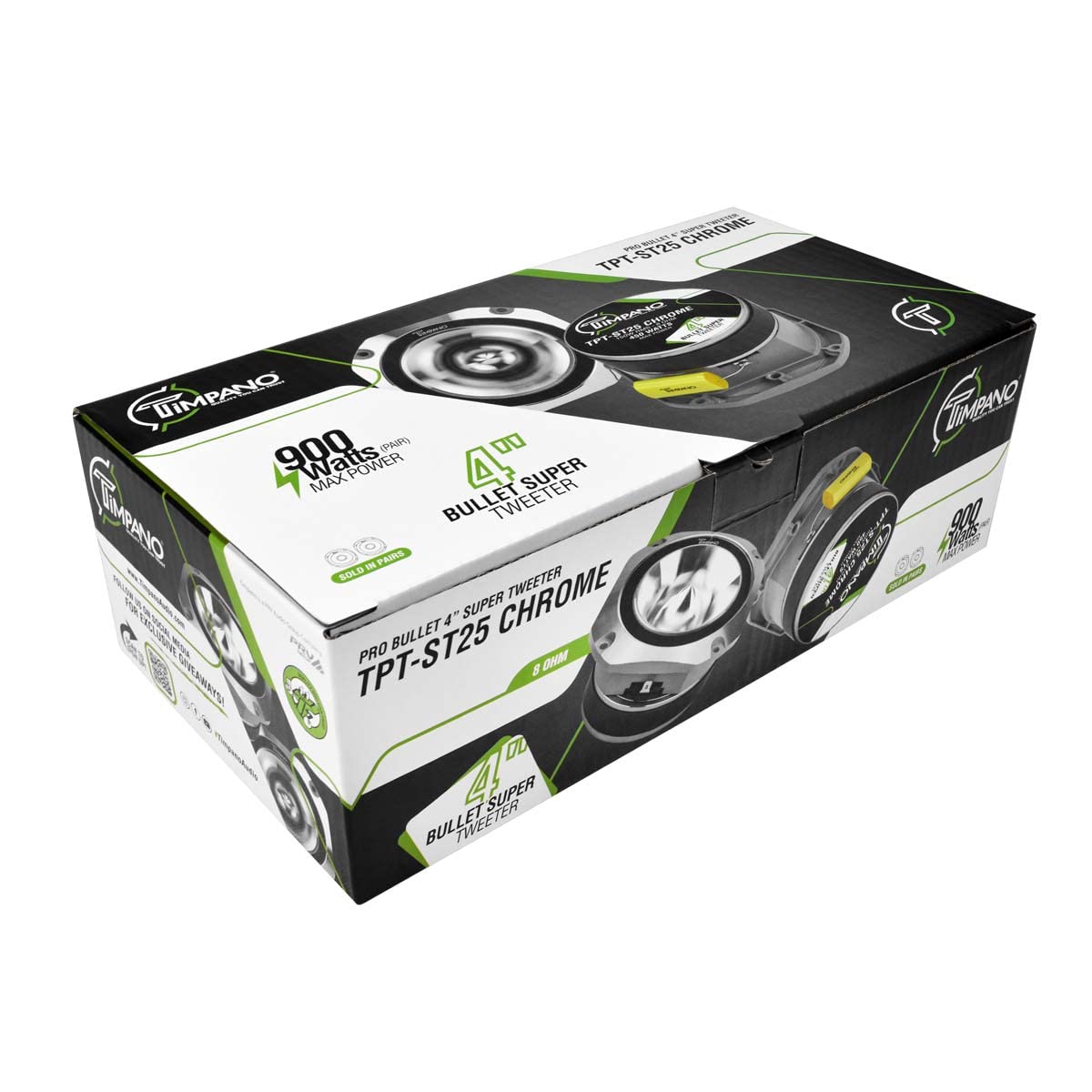 Timpano chrome 4-inch packaging includes screws and HPF capacitors for setup.