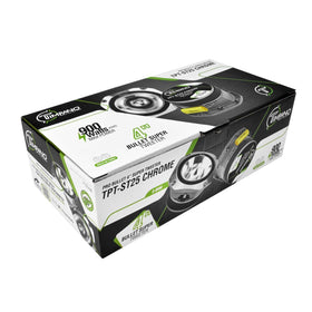 Timpano chrome 4-inch packaging includes screws and HPF capacitors for setup.