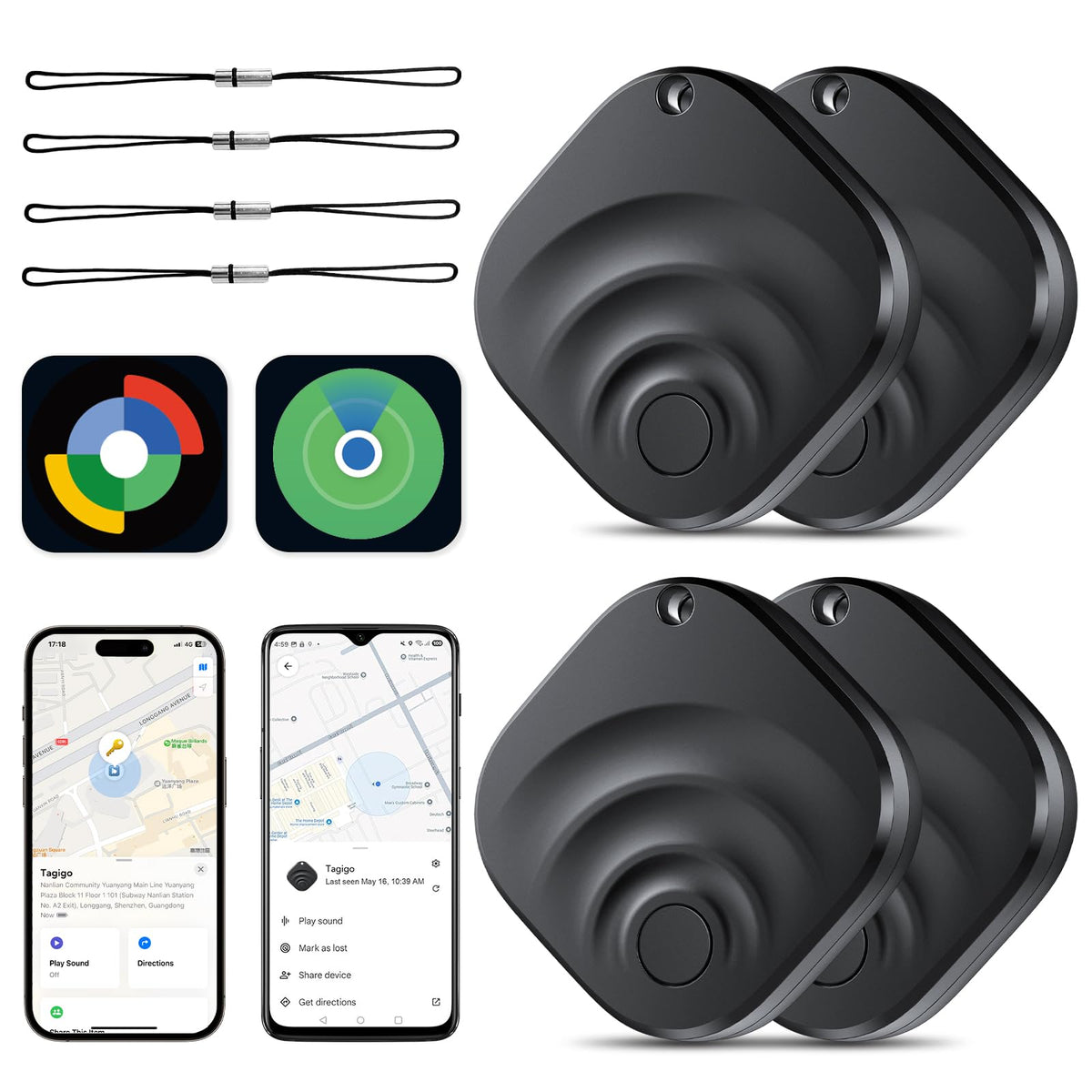 TIMU four-pack packaging with dual system trackers ready for quick setup and item protection.