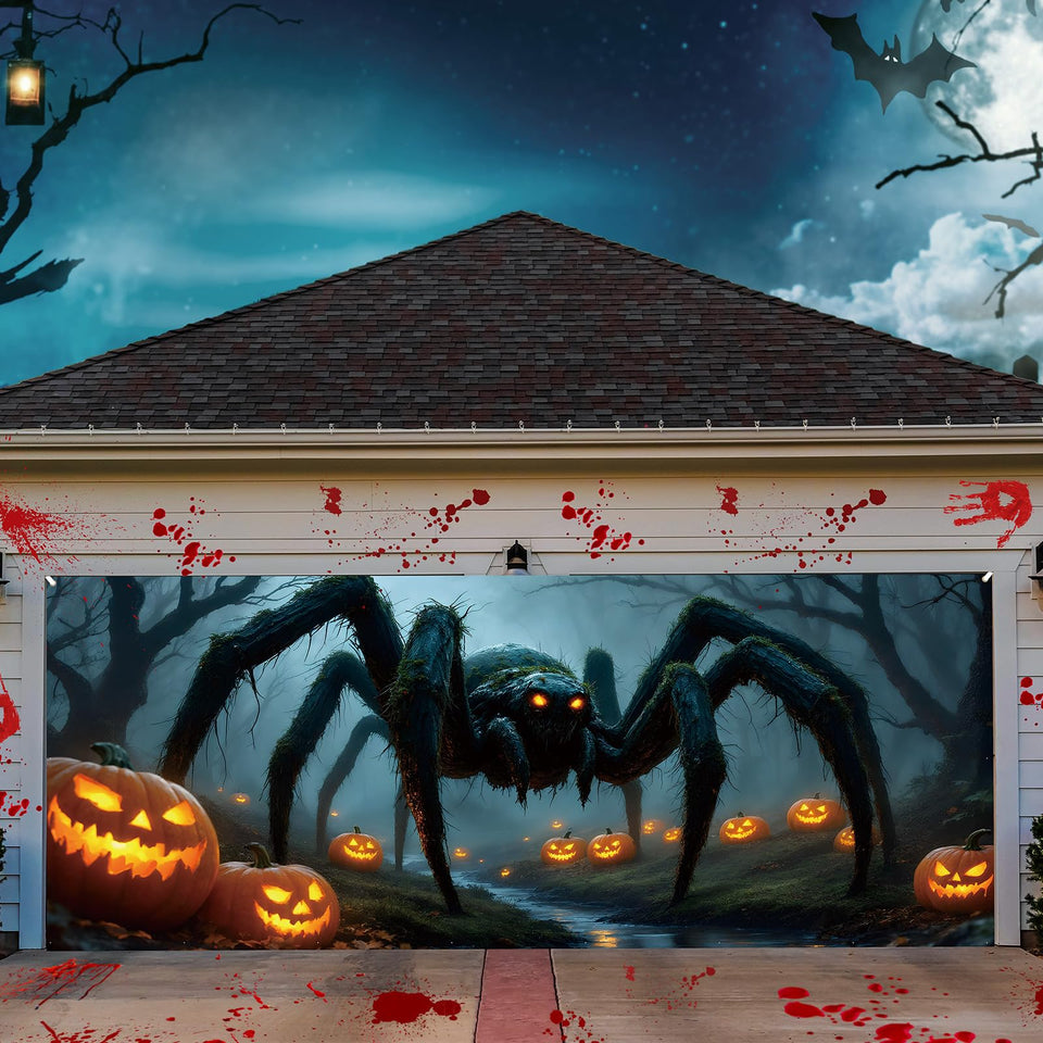 Tingjoo giant spider garage door banner creates dramatic Halloween ambiance for your home.