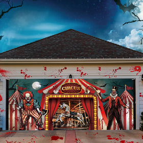 Tingjoo Evil Circus garage banner close-up showing crisp print and durable fabric.
