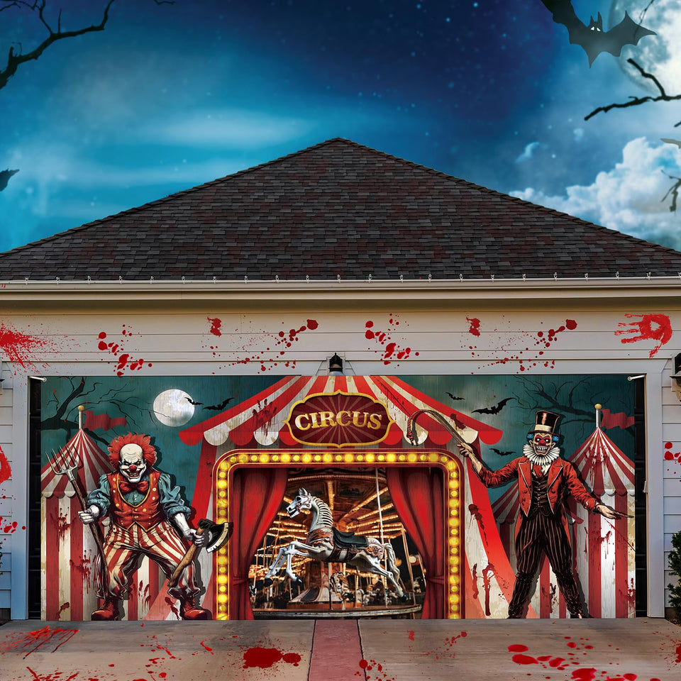 Tingjoo Evil Circus garage banner close-up showing crisp print and durable fabric.