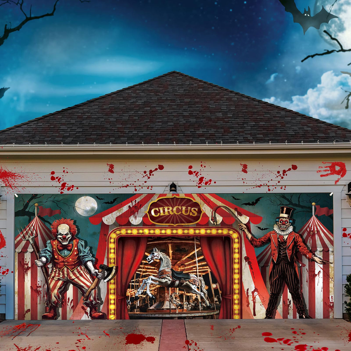 Tingjoo Halloween garage door banner featuring a bold clown motif for dramatic photo backdrops