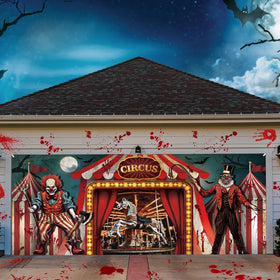 Tingjoo Halloween garage door banner featuring a bold clown motif for dramatic photo backdrops