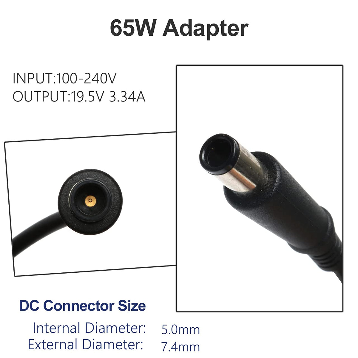 Tinkon 65W adapter connector detail highlights durable round tip for secure laptop charging