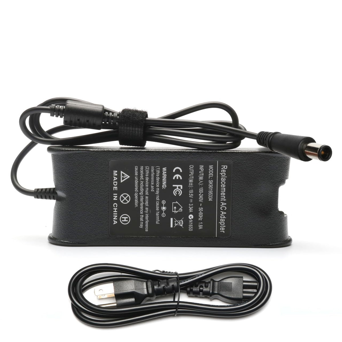 Tinkon 65W AC adapter front view showing universal compatibility and compact design