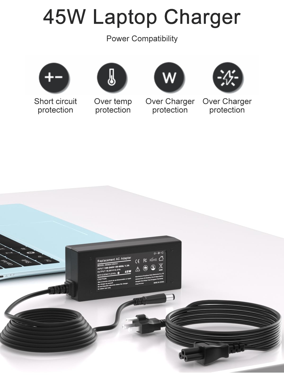 Tinkon Dell Inspiron charger packaging shot communicates ready-to-use with cord included.