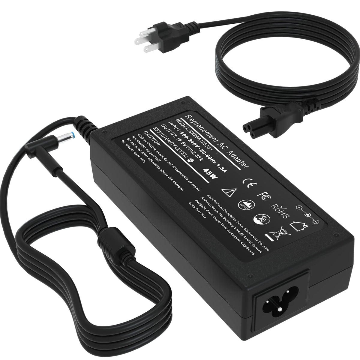 Tinkon adapter front view showing label and power specifications for easy identification and confidence