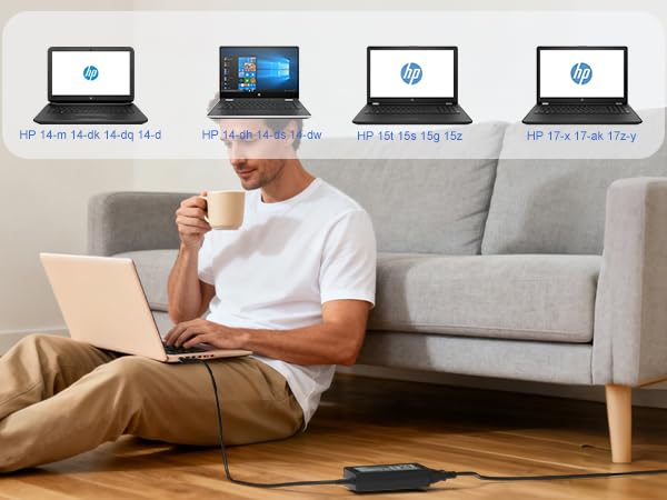 Tinkon charger beside laptop showing compact size for travel convenience