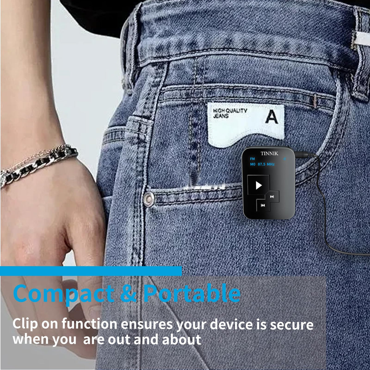 TINNIK AM FM SW mini radio clipped to clothing for on-the-go listening.