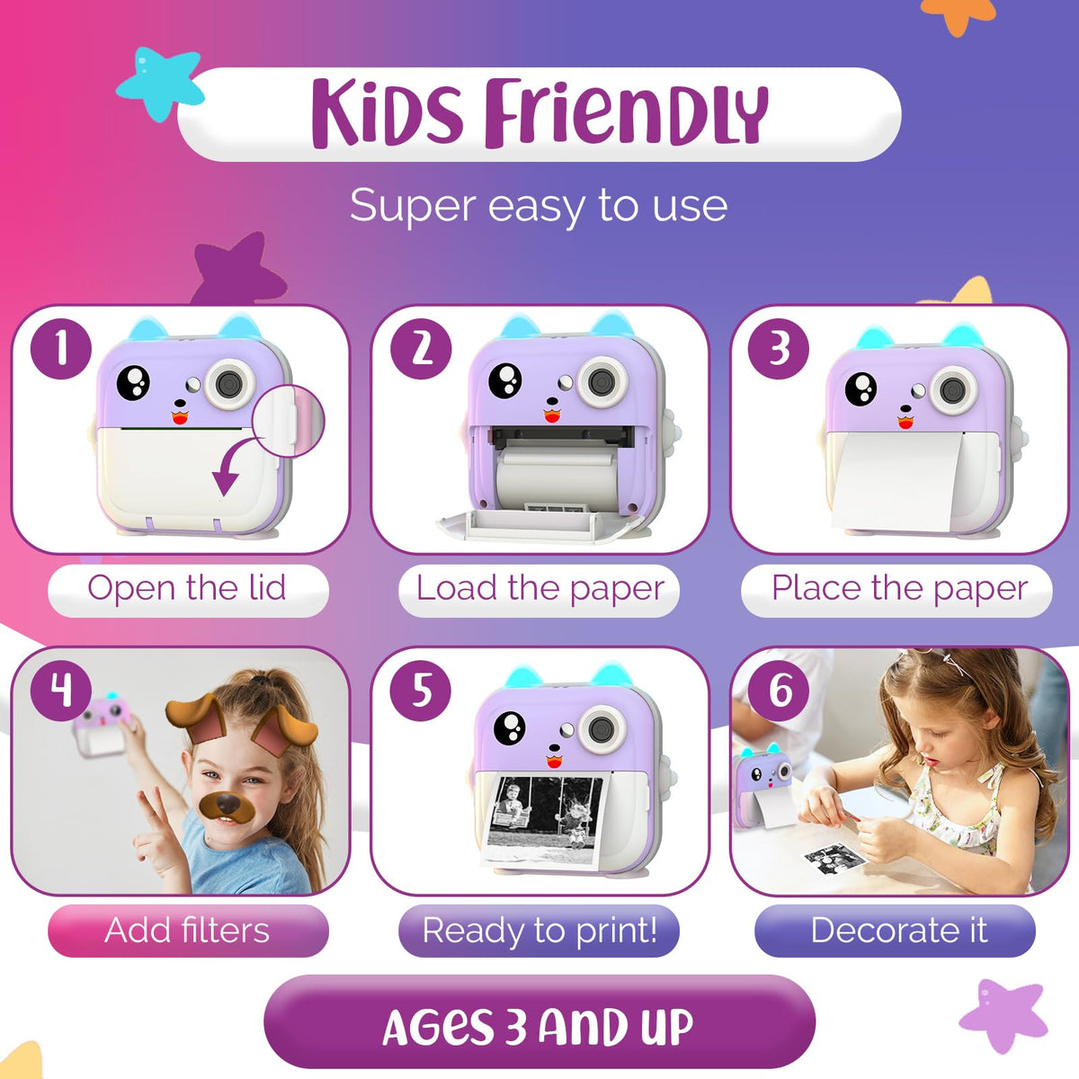 TinyGeeks instant print camera back with display, easy navigation for young creators.