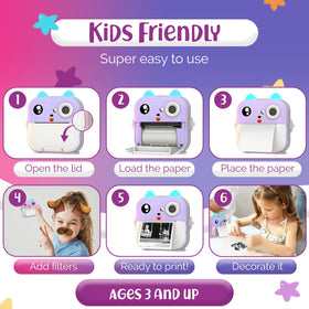 TinyGeeks instant print camera back with display, easy navigation for young creators.