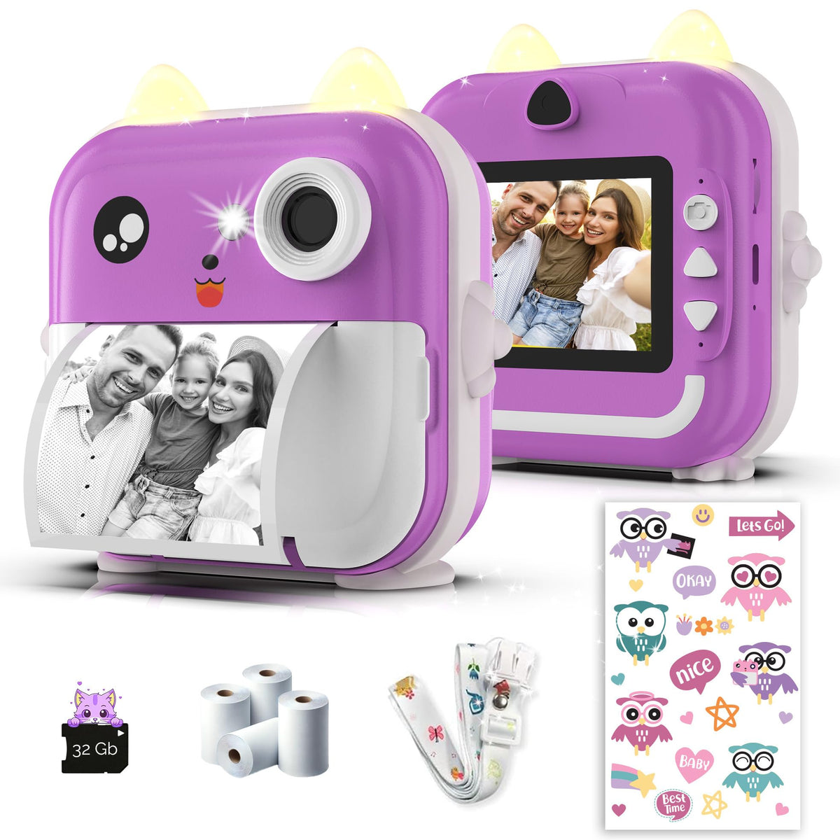 TinyGeeks Instant Print Camera for Kids, purple owl front view, ideal for playful adventures.