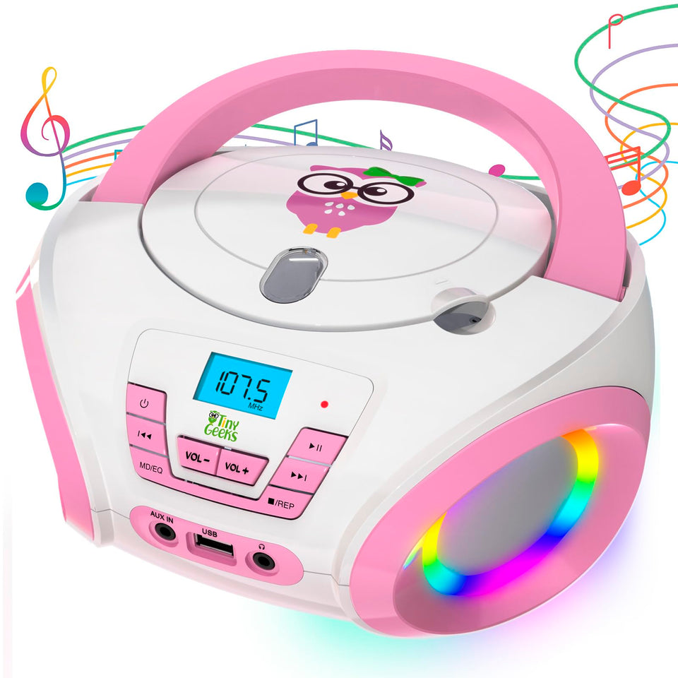 TinyGeeks pink front view showing buttons and speakers for easy child use