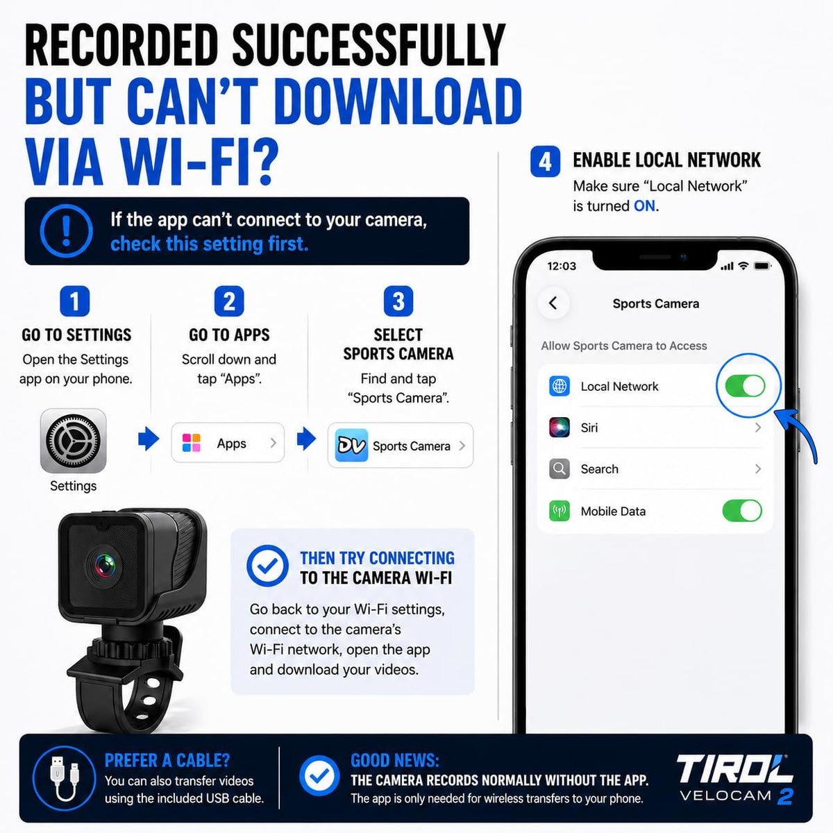 TIROL SUPPLIES app screen showing WiFi transfer for simple phone downloads