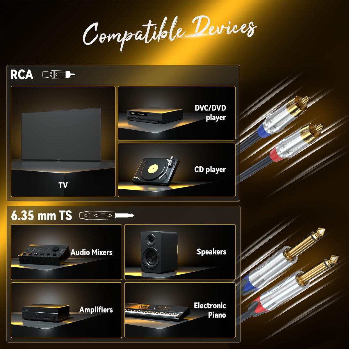 Tisino dual RCA to 1/4 cable end connectors with gold plating reduce noise.