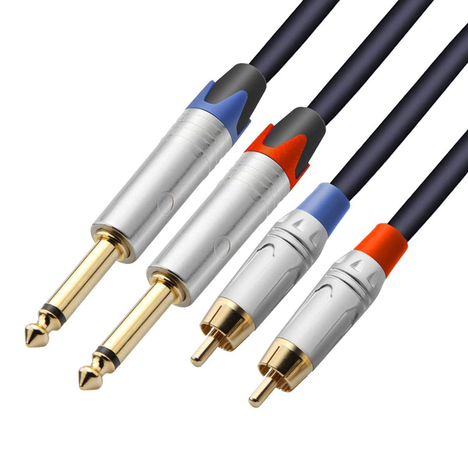 Tisino dual RCA to 1/4 cable front view shows sturdy build for clear stereo signals.
