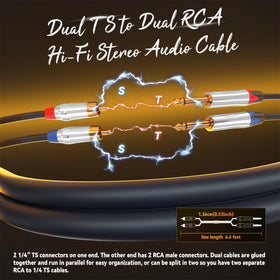 Tisino dual RCA to 1/4 cable shielding close-up preserves signal integrity.