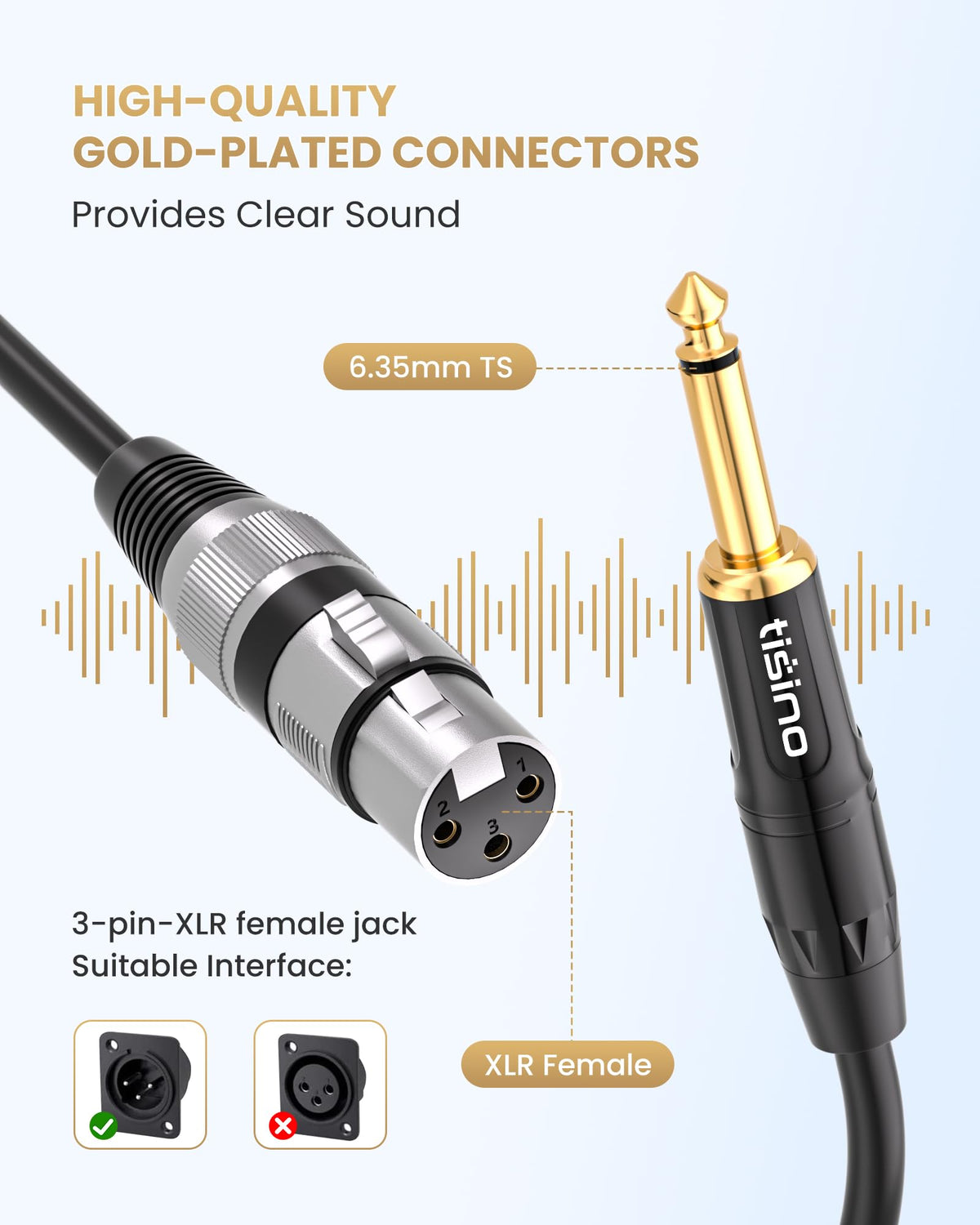 Tisino gold-plated XLR connector close-up for durable, low-resistance connections.