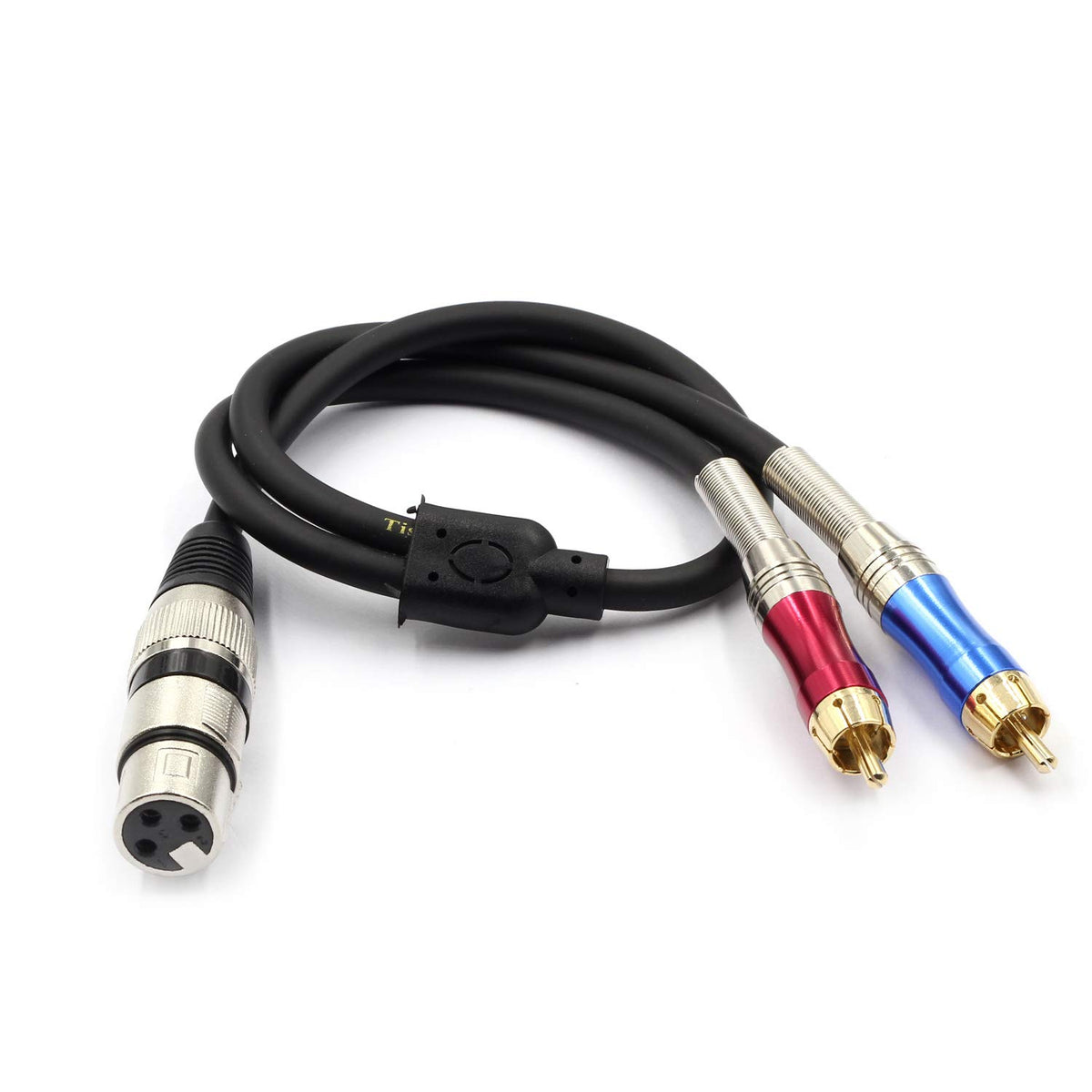 Close-up of gold-plated RCA and XLR connectors on the Tisino splitter