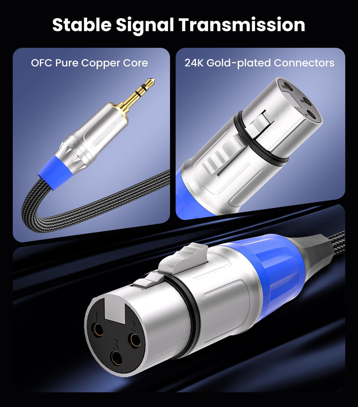 Tisino XLR to 3.5mm cable with braided shielding to minimize noise.
