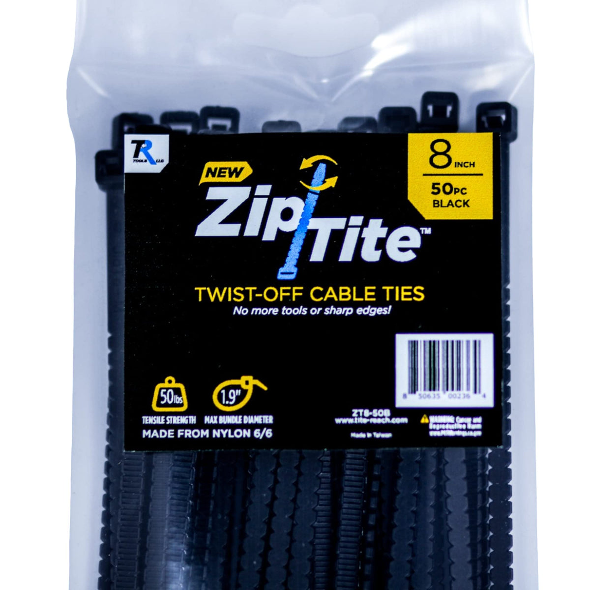TITE-REACH front packaging showing pack of 50 ties and quick identification benefit