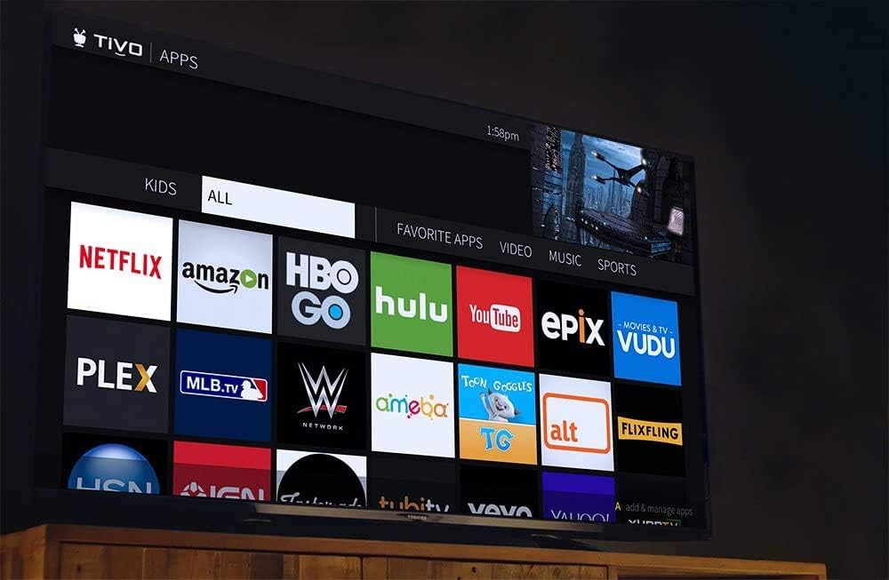 TiVo Mini LUX streaming apps interface on screen with Netflix and Prime Video