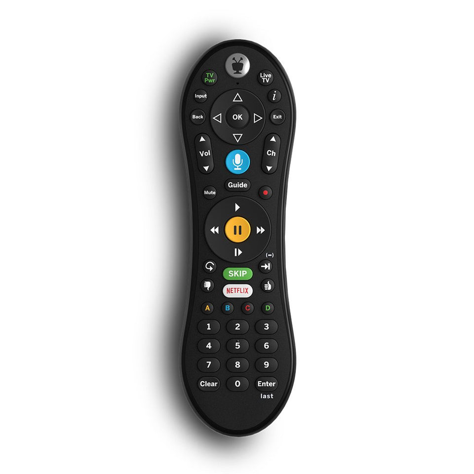TiVo VOX remote front view showing buttons and voice button for easier control