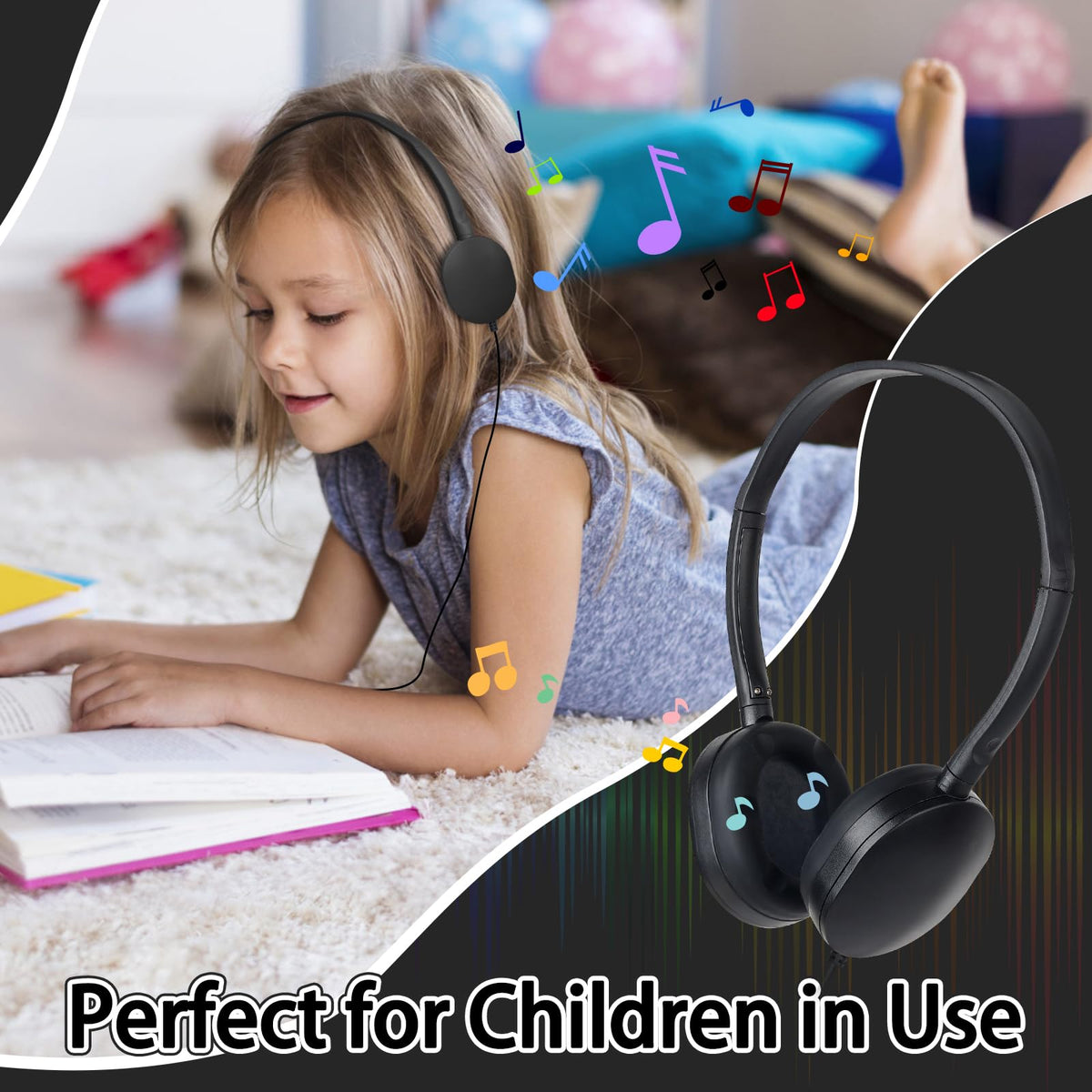 TJZXGUI headphones beside a ruler for scale showing four-foot cord length and classroom fit