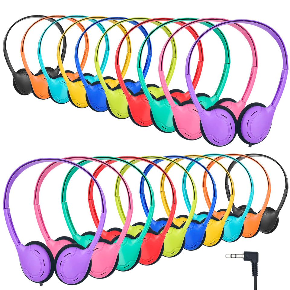 TJZXGUI front pack view showing 20-pack headphones ready for classrooms and bulk use