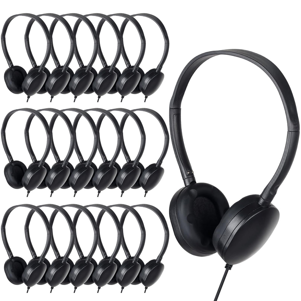 TJZXGUI front packaging of 24-pack classroom headphones showing bulk sealed units and easy storage