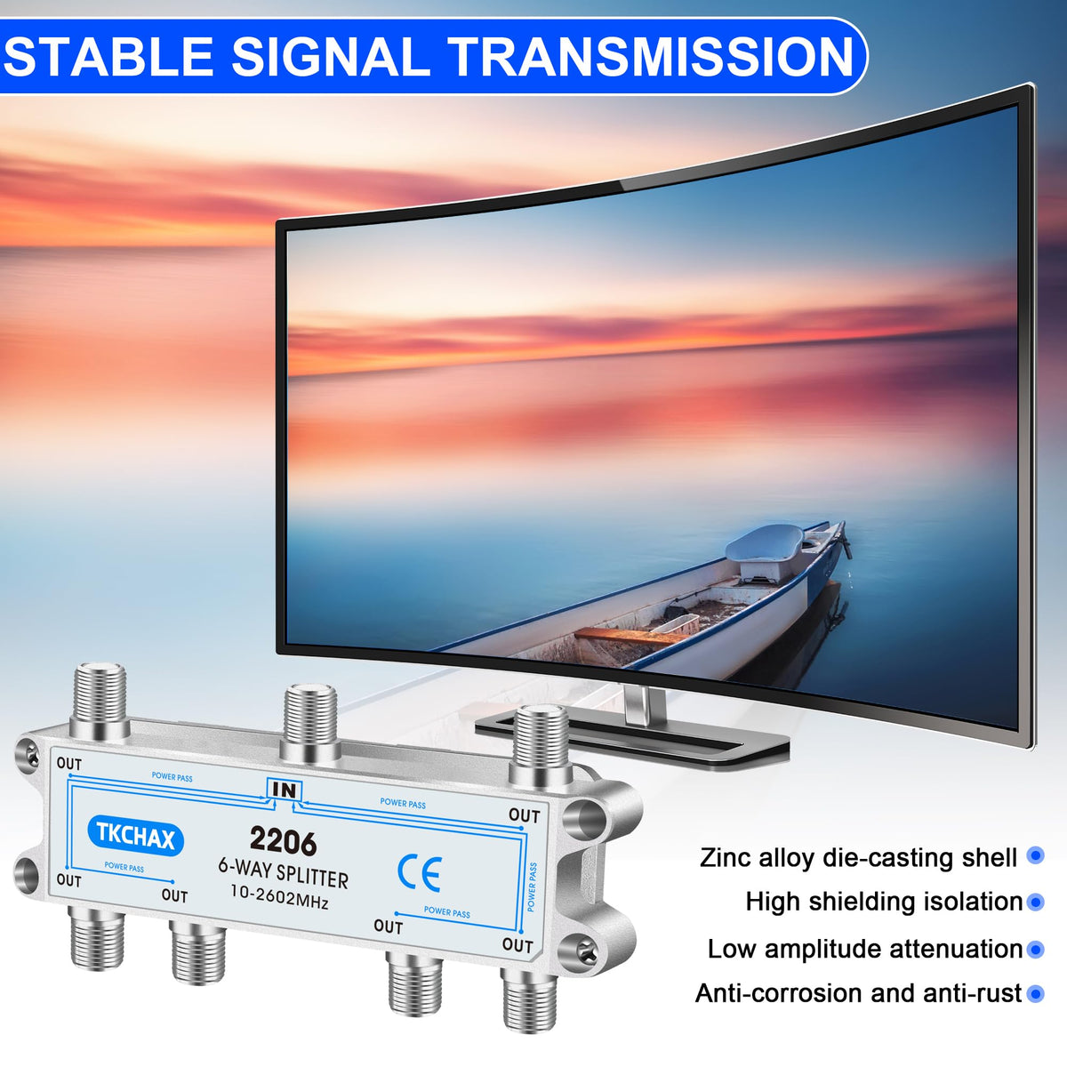 TKCHAX 6 Way Coaxial Splitter machine-threaded ports for secure connections