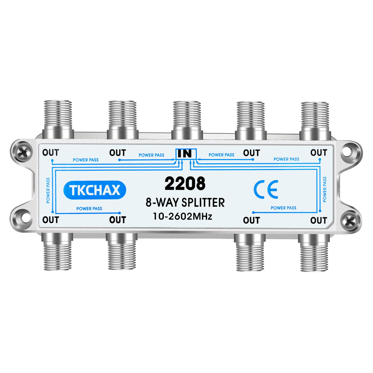 TKCHAX 8‑way splitter front view showing compact rugged housing for reliable distribution