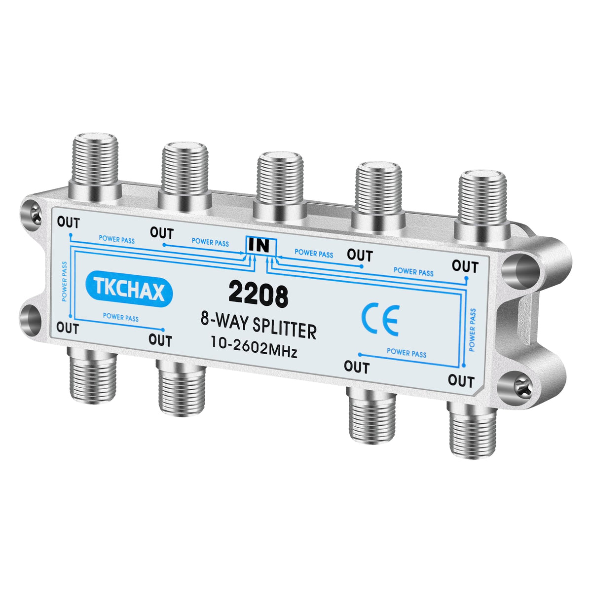 TKCHAX 8‑way splitter MoCA-ready label for network compatibility