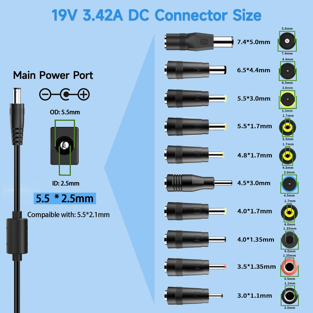 TKDY 19V monitor compatibility image showing power for LG and other displays