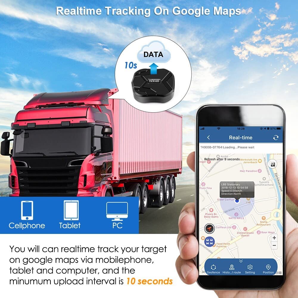 TKMARS TK905B real-time tracking shows current location for vehicles and assets.