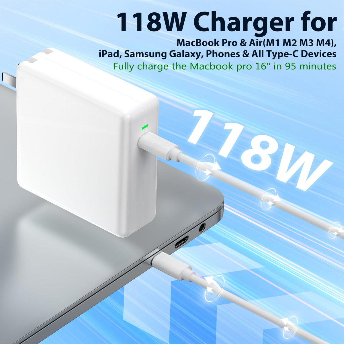TKTKMETA 118W charger side view showing compact, travel-friendly design