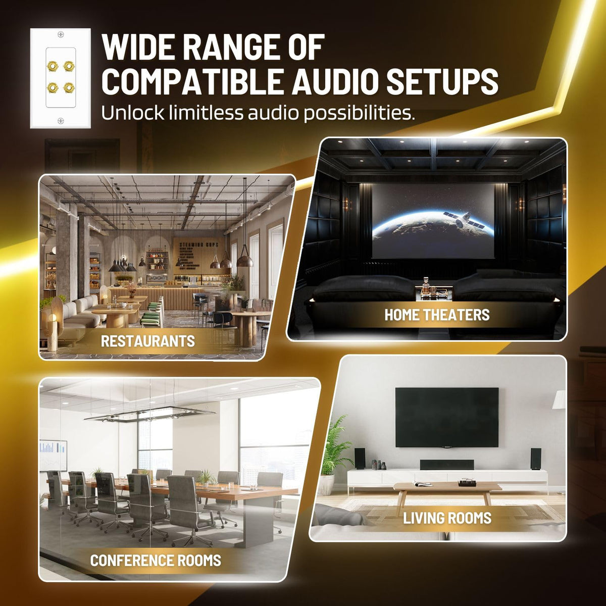 TNP Products wall plate in living room home theater showcasing clutter-free speaker cabling