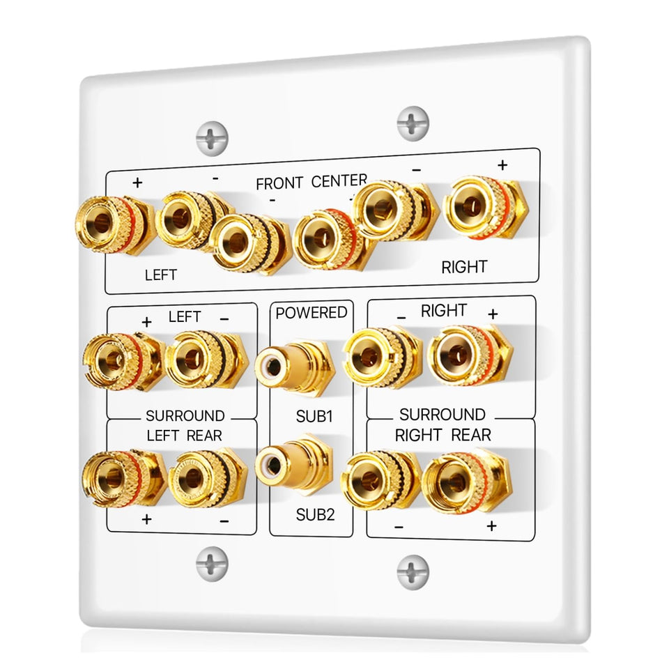 TNP Products 7.2 surround wall plate front view for tidy home theater wiring.
