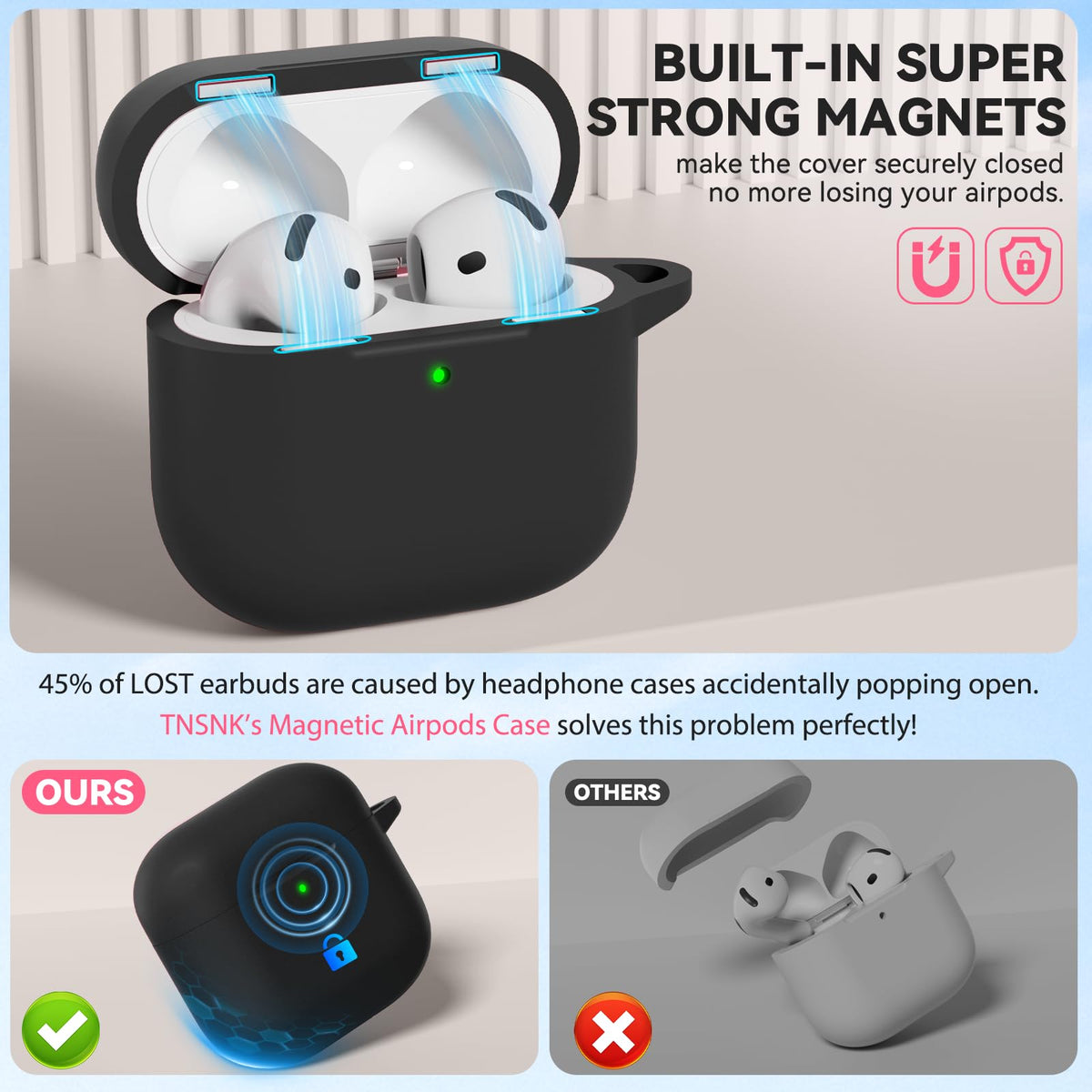 TNSNK silicone AirPods 4 case highlights skin-friendly feel and durability.