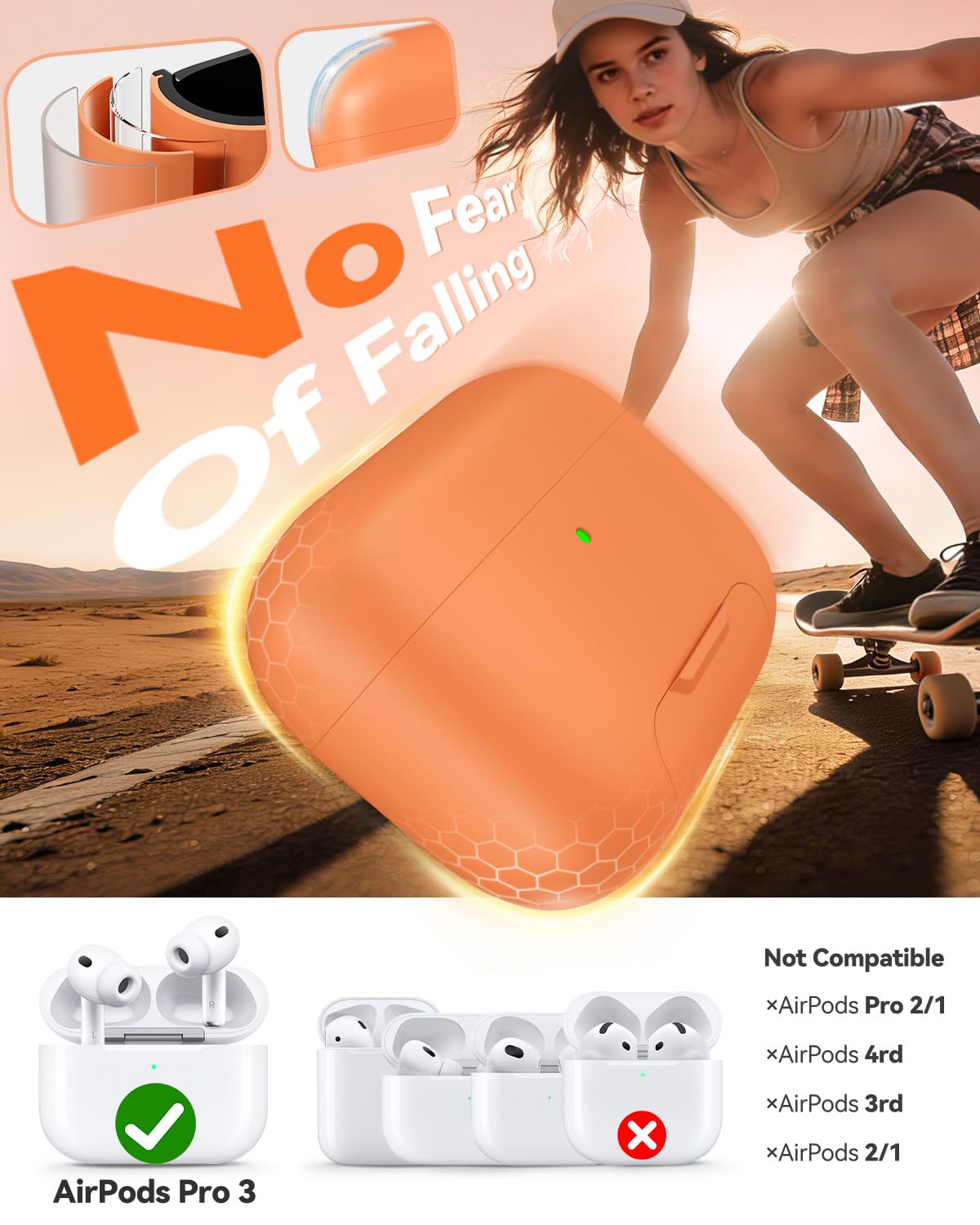 TNSNK AirPods Pro 3 Case orange, magnetic lid closed for secure storage.
