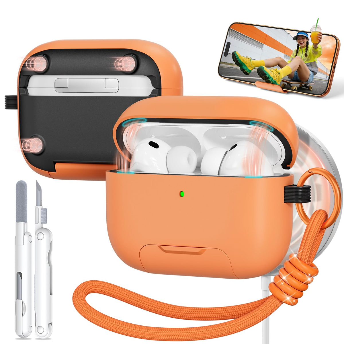 TNSNK AirPods Pro 3 Case orange on table for discreet, durable protection.